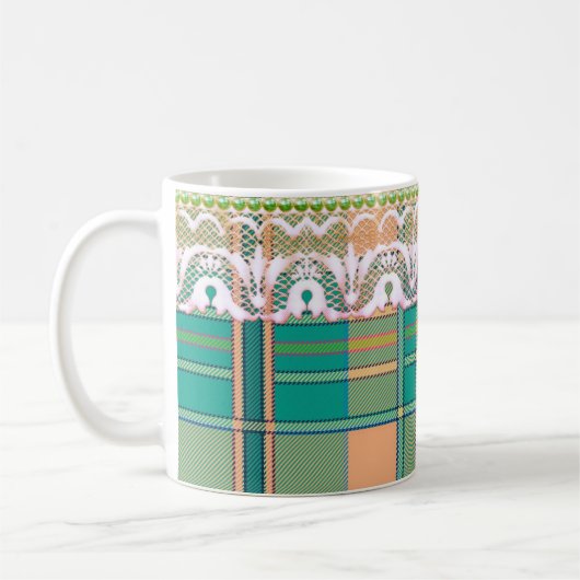 Plaid en kant groene perzik schattig girly koffiemok (Links)