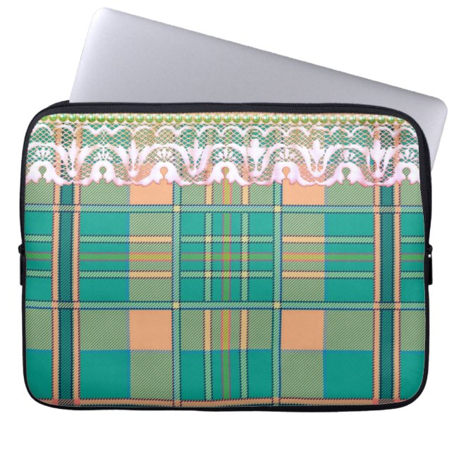 Plaid en kant perzik groene girly 13" laptop sleev sleeve (Voorkant)