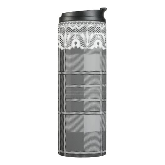 Plaid en kant zwart wit grijs schattig girly thermosbeker (Gedraaid links)