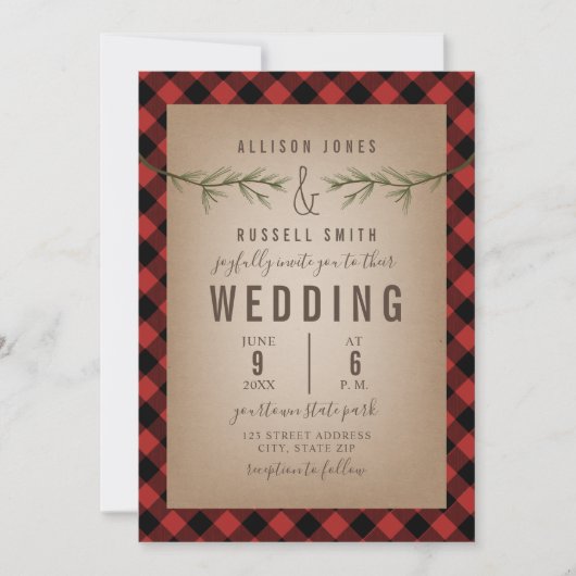 Plaid + Evergreen Tree Branches Huwelijk Kaart (Voorkant)