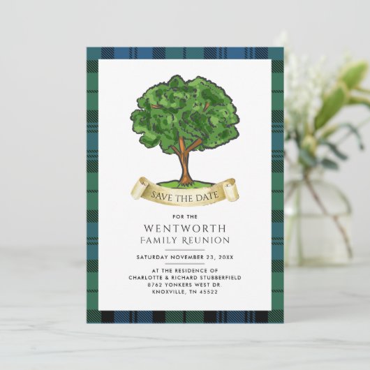 Plaid Familie Reünie Genealogie Tartan Rustic Save The Date (Staand voorkant)