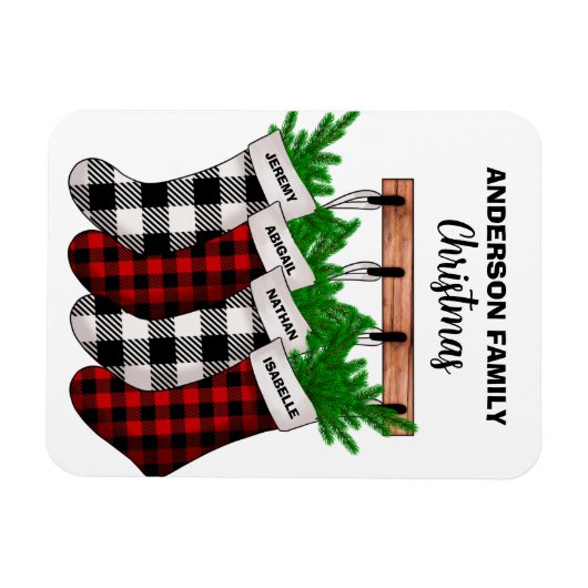 Plaid Familie van 4 Gepersonaliseerde Kerst Magneet (Horizontaal)