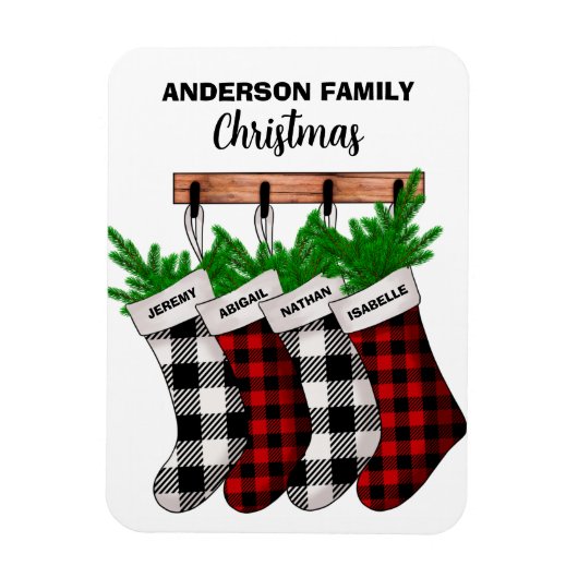 Plaid Familie van 4 Gepersonaliseerde Kerst Magneet (Verticaal)
