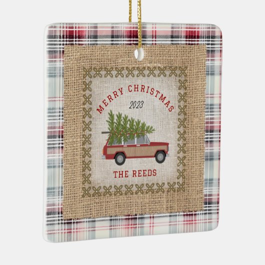 Plaid Faux Burlap Hout Gepanelde SUV Kerstboom Keramisch Ornament (Rechts)