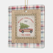 Plaid Faux Burlap Hout Gepanelde SUV Kerstboom Keramisch Ornament (Links)