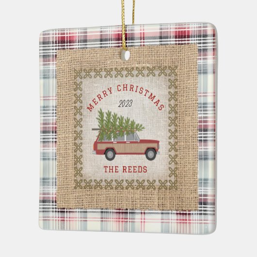 Plaid Faux Burlap Hout Gepanelde SUV Kerstboom Keramisch Ornament (Links)