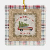 Plaid Faux Burlap Hout Gepanelde SUV Kerstboom Keramisch Ornament (Voorkant)