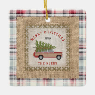 Plaid Faux Burlap Hout Gepanelde SUV Kerstboom Keramisch Ornament