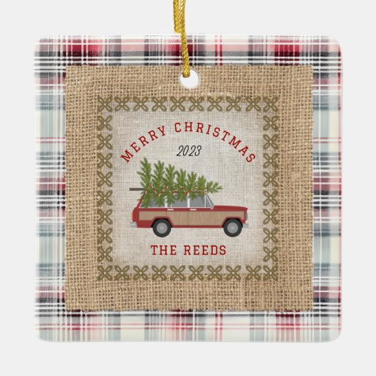 Plaid Faux Burlap Hout Gepanelde SUV Kerstboom Keramisch Ornament (Voorkant)