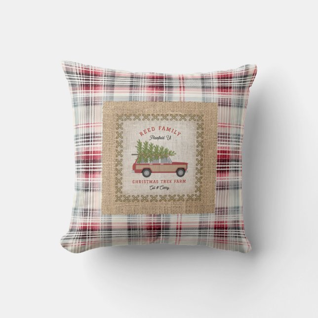 Plaid Faux Burlap Hout Gepanelde SUV Kerstboom Kussen (Voorkant)