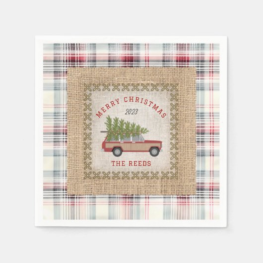 Plaid Faux Burlap Hout Gepanelde SUV Kerstboom Servet (Voorkant)