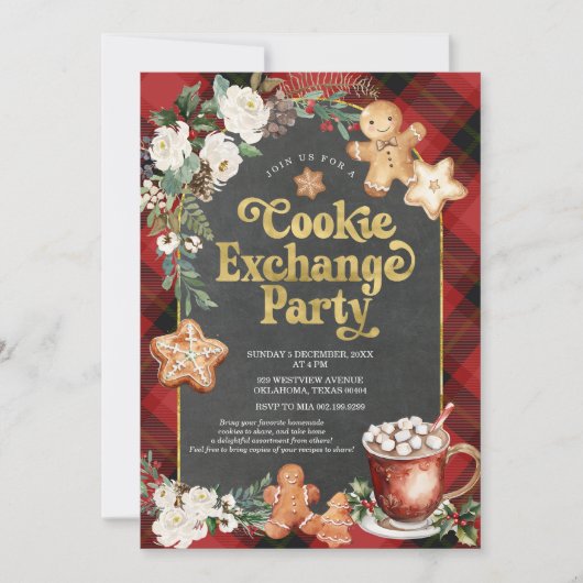 Plaid Floral Christmas Cookie Exchange Party Kaart (Voorkant)