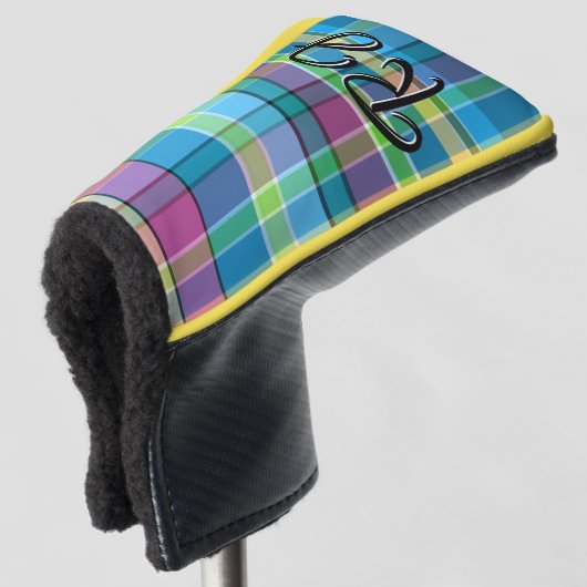 Plaid Gepersonaliseerde Paarse Groene Gele Turquoi Golfheadcover (3/4 voorkant)