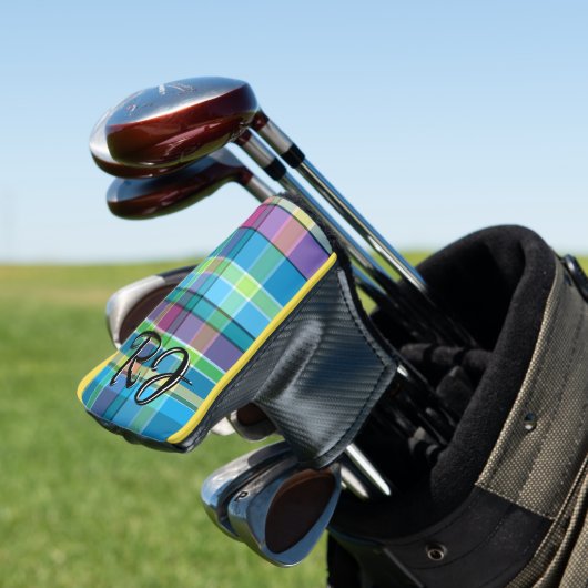 Plaid Gepersonaliseerde Paarse Groene Gele Turquoi Golfheadcover (Insitu)
