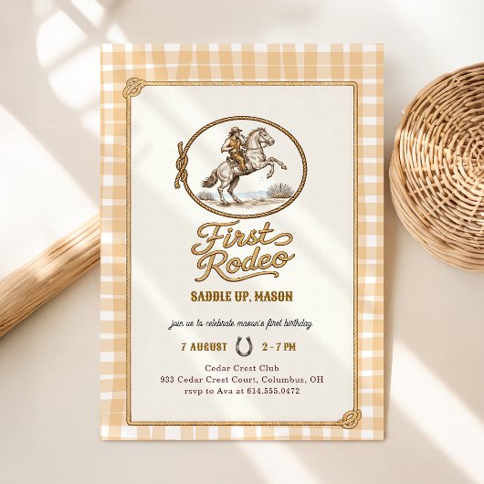 Plaid Gingham Cowboy First Rodeo 1st Birthday Kaart