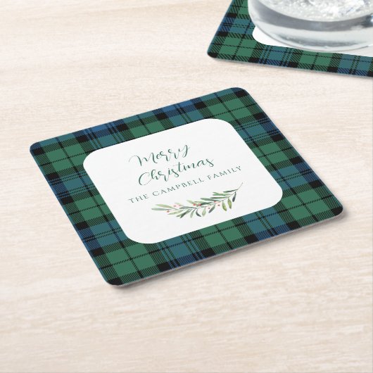 Plaid Green Check Kerstvakantie Tartan Kartonnen Onderzetters (Schuin)