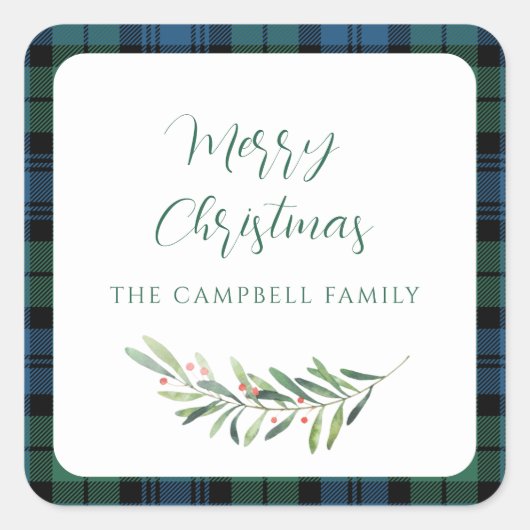 Plaid Green Christmas Holiday Tartan Vierkante Sticker (Voorkant)
