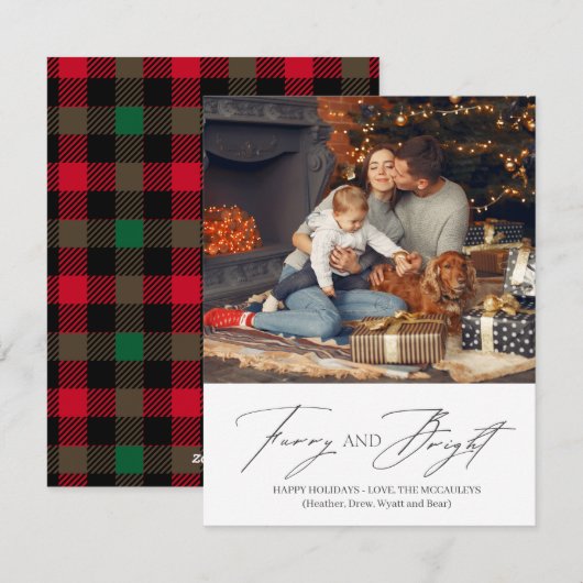 Plaid Green Red Furry en Bright Pet Holiday Kaart (Voorkant / Achterkant)