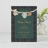 Plaid Green Teddy Bear All in One Baby Shower Kaart (Staand voorkant)