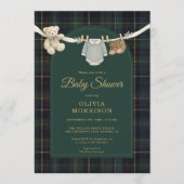 Plaid Green Teddy Bear Clothesline Baby Shower Kaart (Voorkant)
