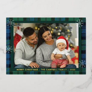 Plaid Groen Blauw Familie Foto Campbell Tartan Gol Folie Feestdagenkaart