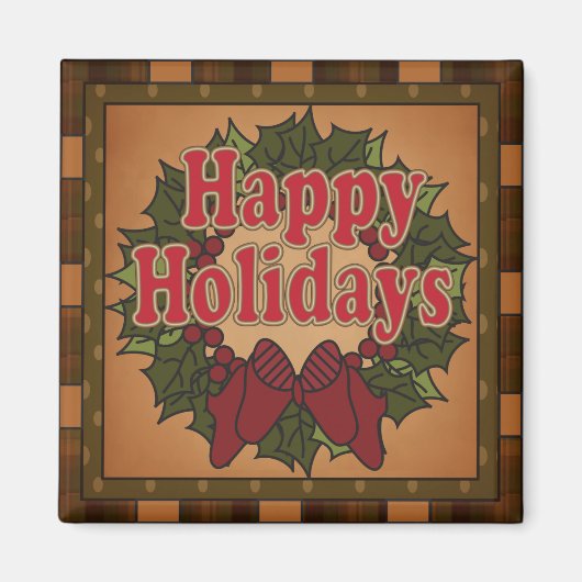 Plaid Happy Holiday Wreath Magneet (Voorkant)