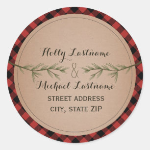 Plaid Hart Met Evergreen Branches Adres Ronde Sticker