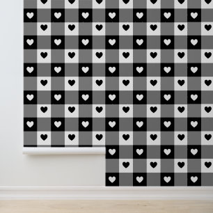Plaid Hearts Schattige Plezier Zwart & Wit Unisex  Behang