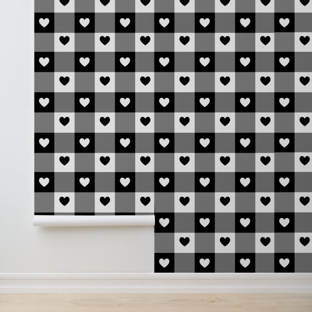 Plaid Hearts Schattige Plezier Zwart & Wit Unisex  Behang (Applicatie)