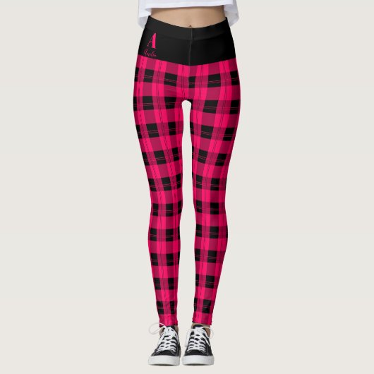 Plaid Heet Roze Zwart Gepersonaliseerd Leggings (Voorkant)