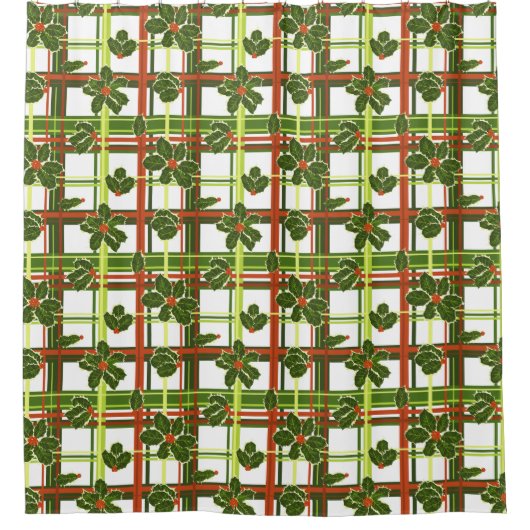 Plaid Holly Berries Kerstmis Douchegordijn (Voorkant)