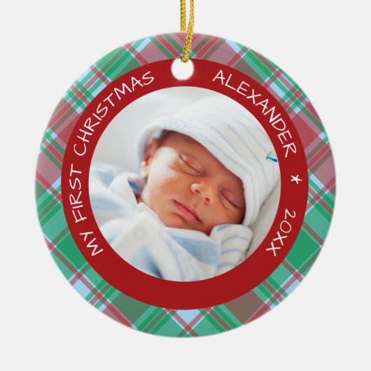 Plaid I Baby's eerste kerstfoto Keramisch Ornament (Voorkant)