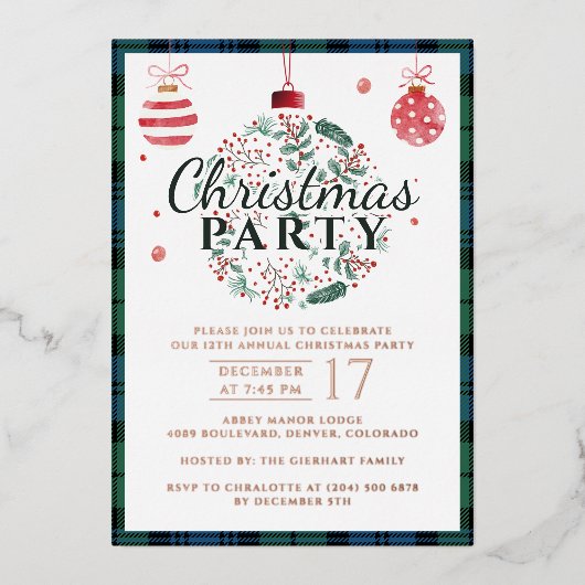 Plaid Kerstfeest Campbell Tartan Roos Goud Folie Uitnodiging (Voorkant)