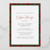 Plaid Kerstfeest Stewart Tartan Roos Goud Folie Uitnodiging (Voorkant)