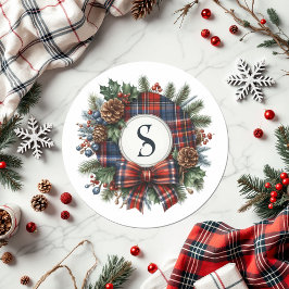  Plaid Krans Monogram Kerstvakantie Ronde Sticker