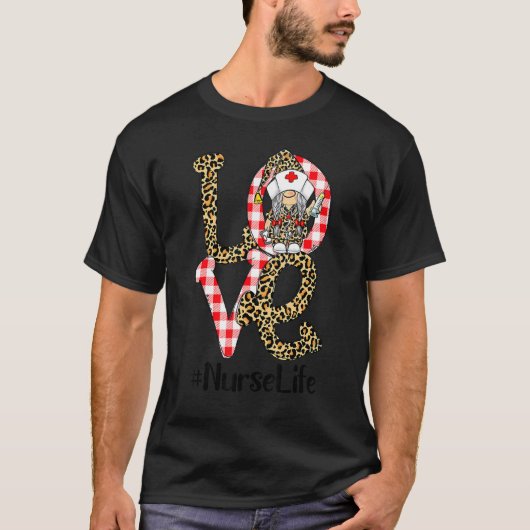 Plaid Leopard Gnome LOVE Nurse Life Funny Valentin T-shirt (Voorkant)