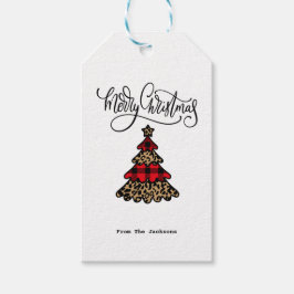 Plaid & Leopard Patroon Kerstboom Minimalist Cadeaulabel