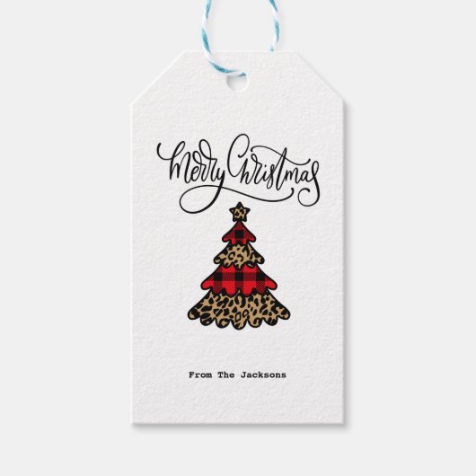 Plaid & Leopard Patroon Kerstboom Minimalist Cadeaulabel (Voorkant)