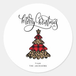 Plaid & Leopard Patroon Kerstboom Minimalist Ronde Sticker