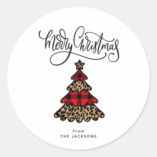 Plaid & Leopard Patroon Kerstboom Minimalist Ronde Sticker (Voorkant)