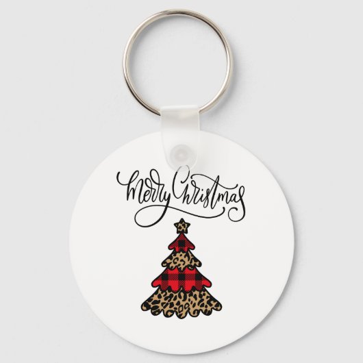 Plaid & Leopard Print Kerstboom Sleutelhanger (Voorkant)