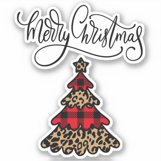 Plaid & Leopard Print Kerstboom Sticker (Voorkant)