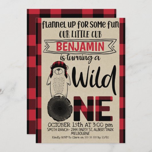 Plaid Lumberjack Beer Wild One Birthday Invitation Kaart (Voorkant / Achterkant)