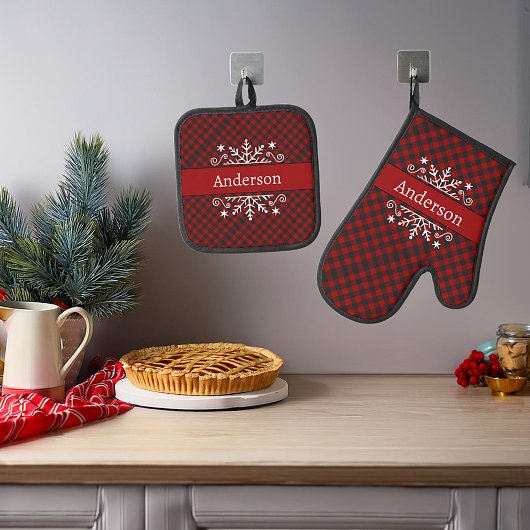 Plaid Merry & Bright sneeuwvlok gepersonaliseerd Ovenwant & Pannenlap Set
