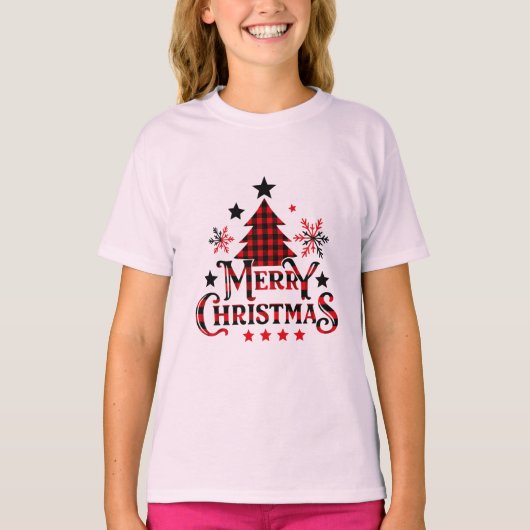 Plaid Merry Christmas Girls T-Shirt (Voorkant)
