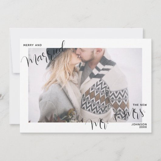 Plaid Merry & Married Script Mr. & Mrs. Foto Feestdagenkaart (Voorkant)