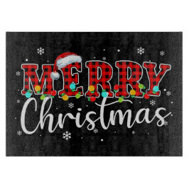 Plaid “MERRY” with Santa Hat and Christmas Lights Snijplank