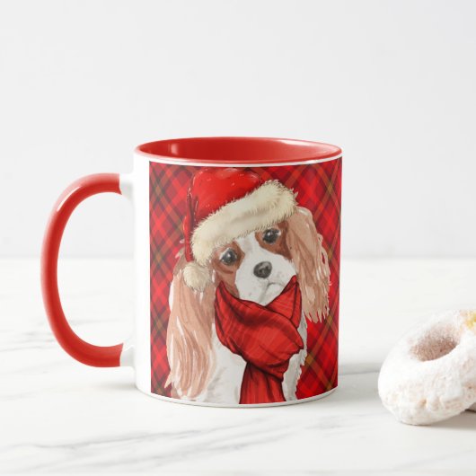 Plaid met Koning Charles Spaniel Christmas Dog Mok (Met donut)