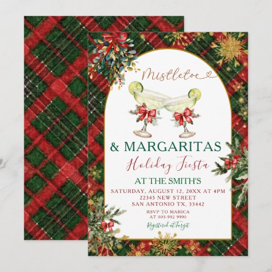 Plaid Mistletoe & Margaritas Holiday Party Invitat Kaart (Voorkant / Achterkant)