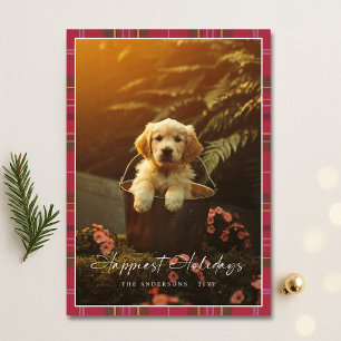 Plaid Modern Script Gelukkigste Feestdagen Puppy F Feestdagenkaart